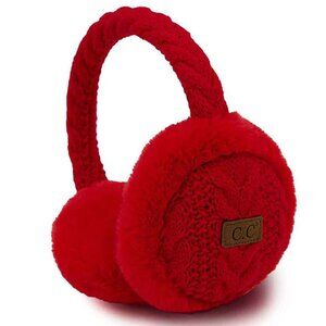 New RED Cable Knit Furry Earmuffs Adjustable Winter Ear Warmers Cozy